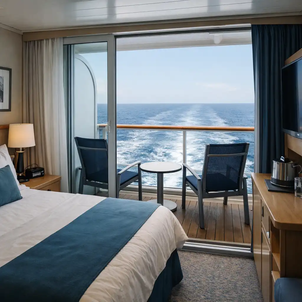 Balcony cabin with open door showing private outdoor space with chairs and table overlooking ship wake