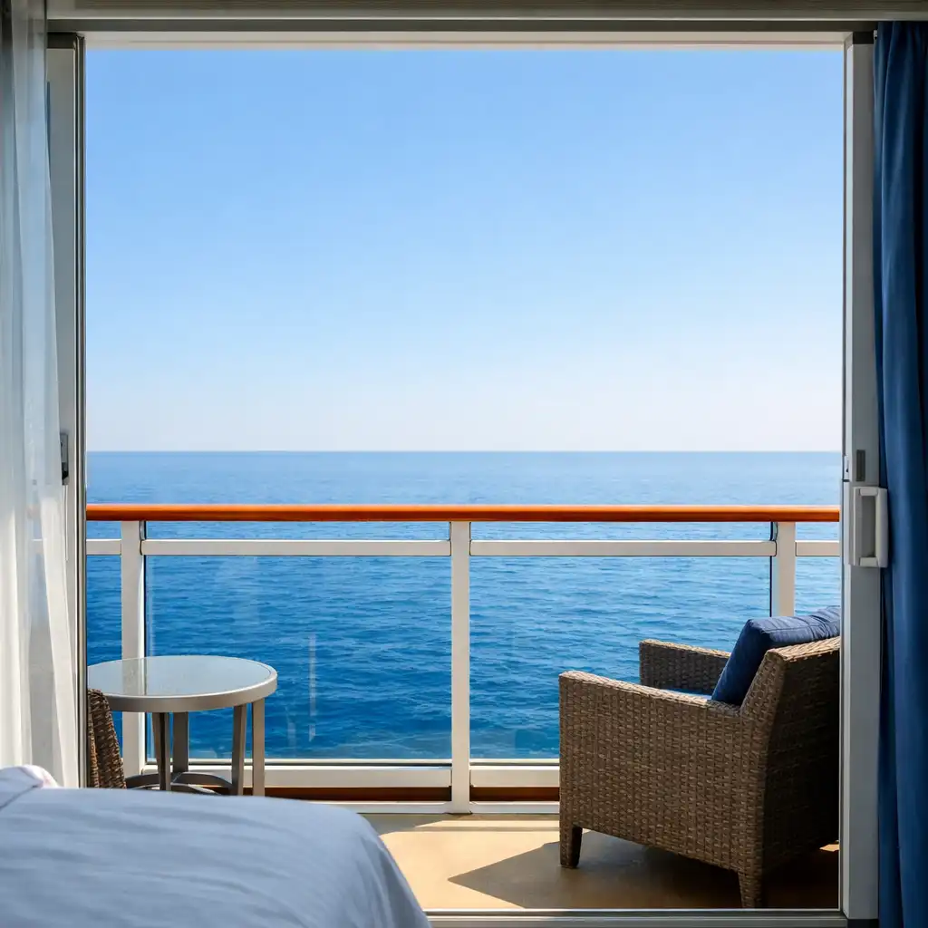 Bright modern cruise ship balcony cabin with open door overlooking a calm blue sea