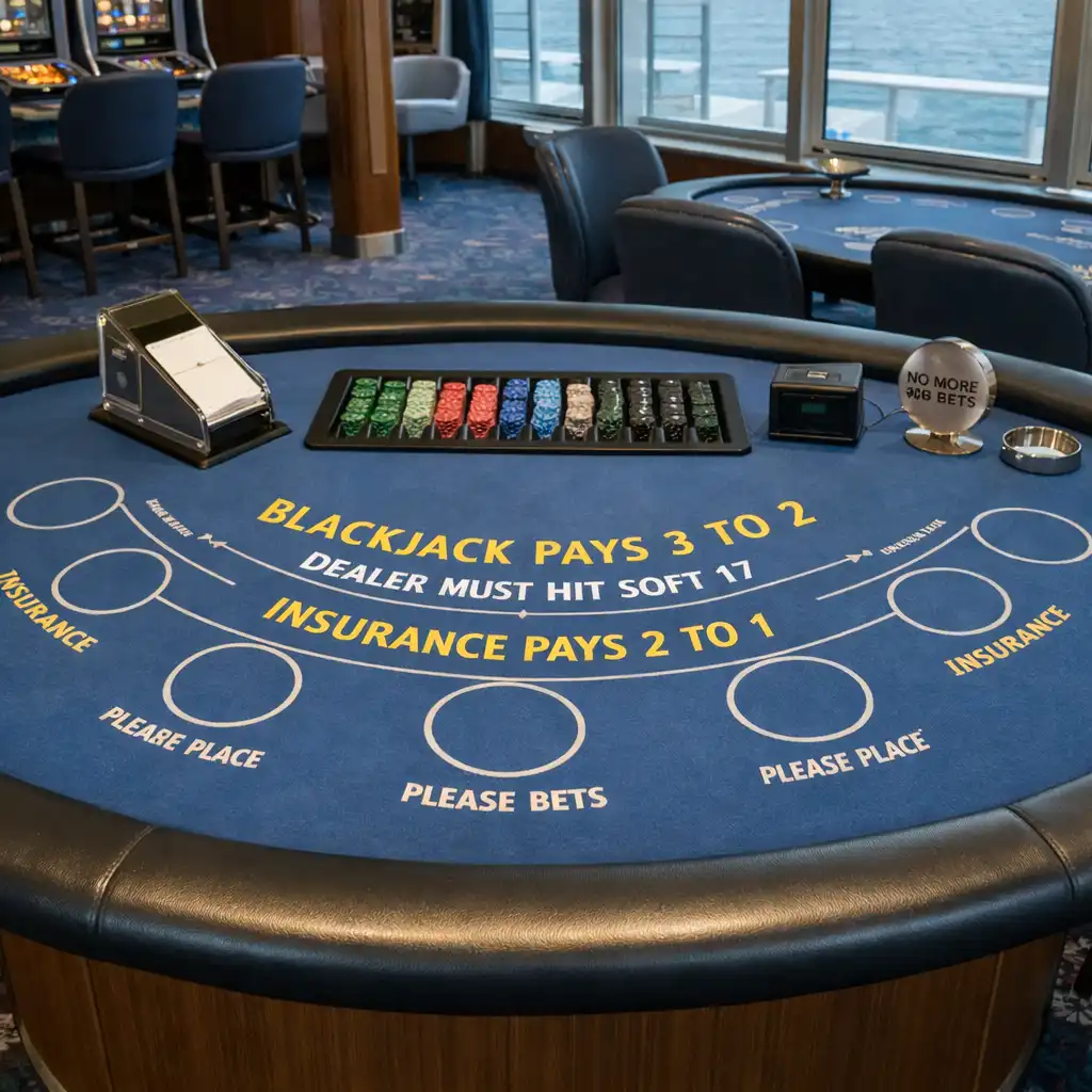 Blackjack table with card shoe and chips