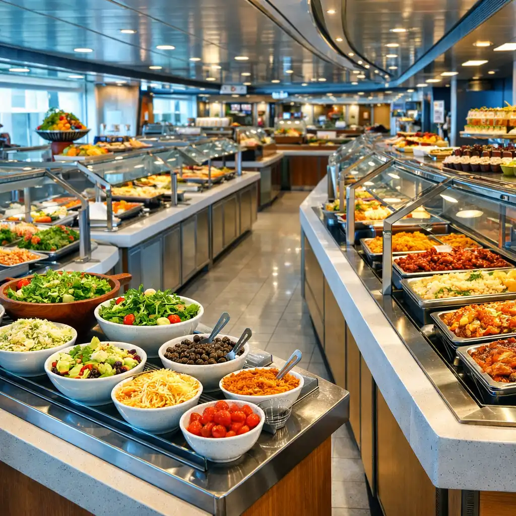 Vibrant cruise ship buffet area with colourful food stations and modern serving counters