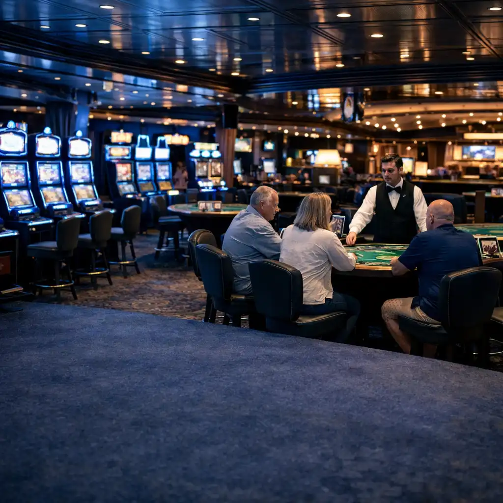 Wide-angle view of a cruise ship casino at night with rows of slot machines and green felt gaming tables under warm and cool lighting