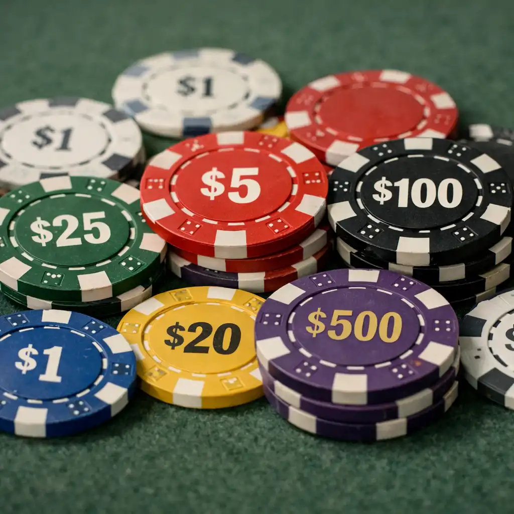Assorted casino chips on a felt table