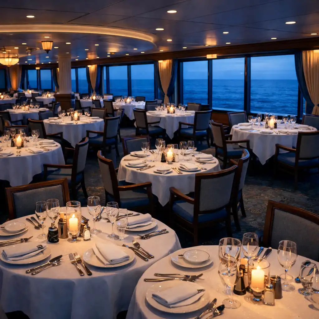 Elegant cruise ship main dining room with tables set for dinner and large ocean-view windows