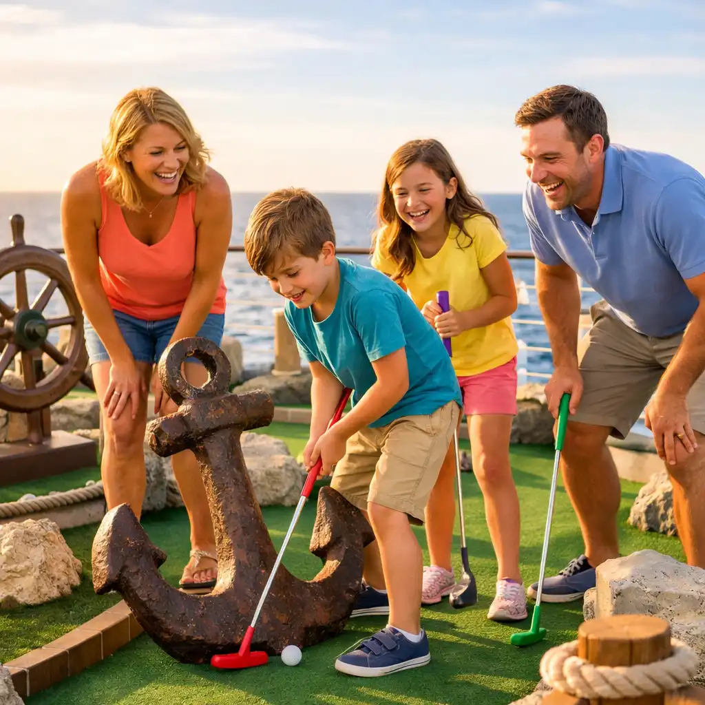 A family playing mini-golf on a cruise ship top deck with nautical obstacles and ocean views