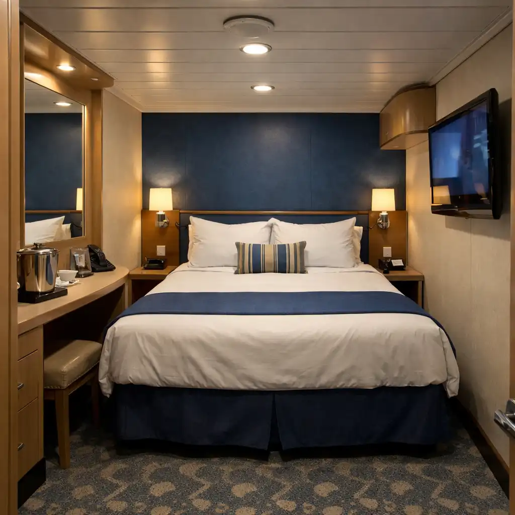 Compact cruise ship interior cabin with queen bed, blue accent wall, desk and television