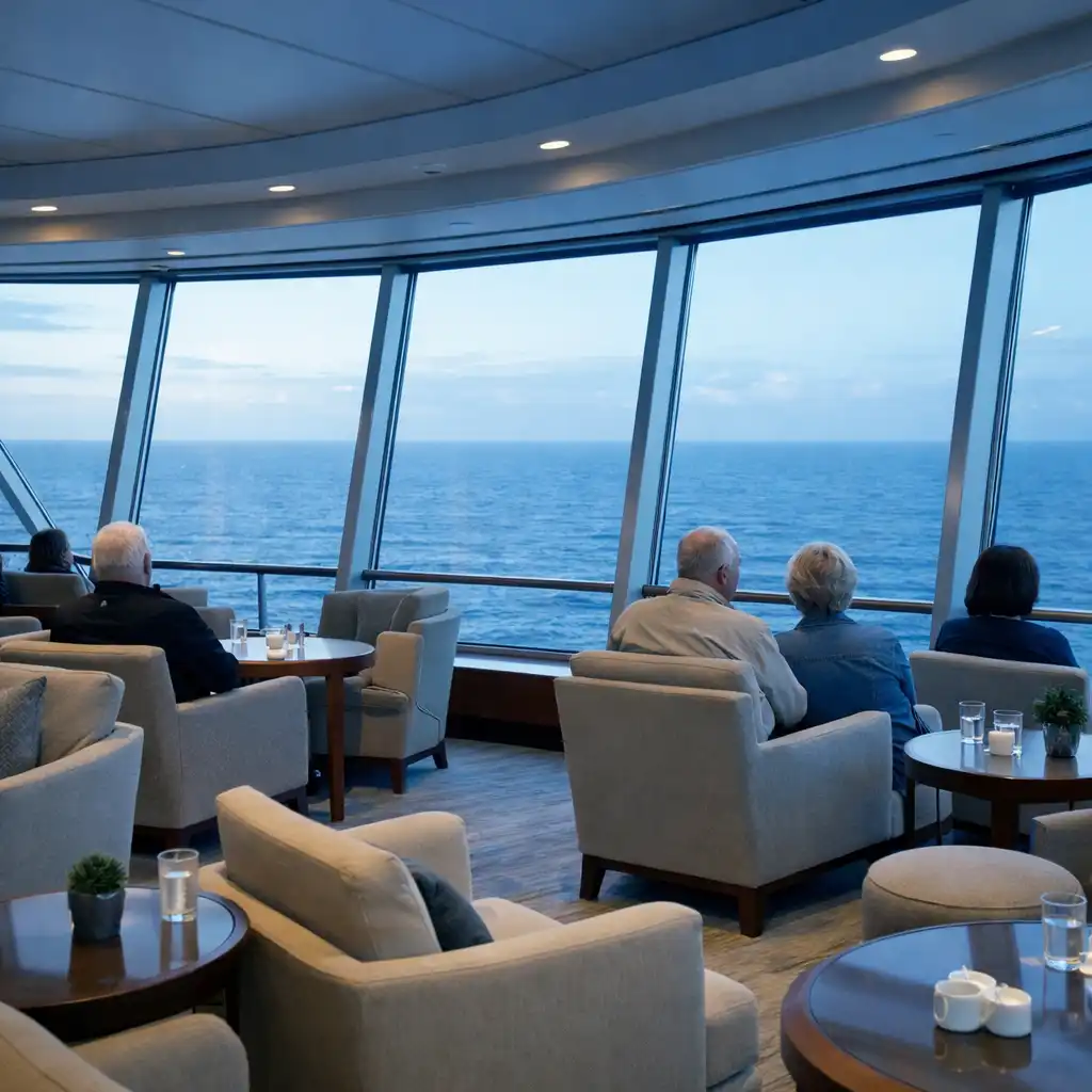 A spacious observation lounge with floor-to-ceiling windows and panoramic ocean views