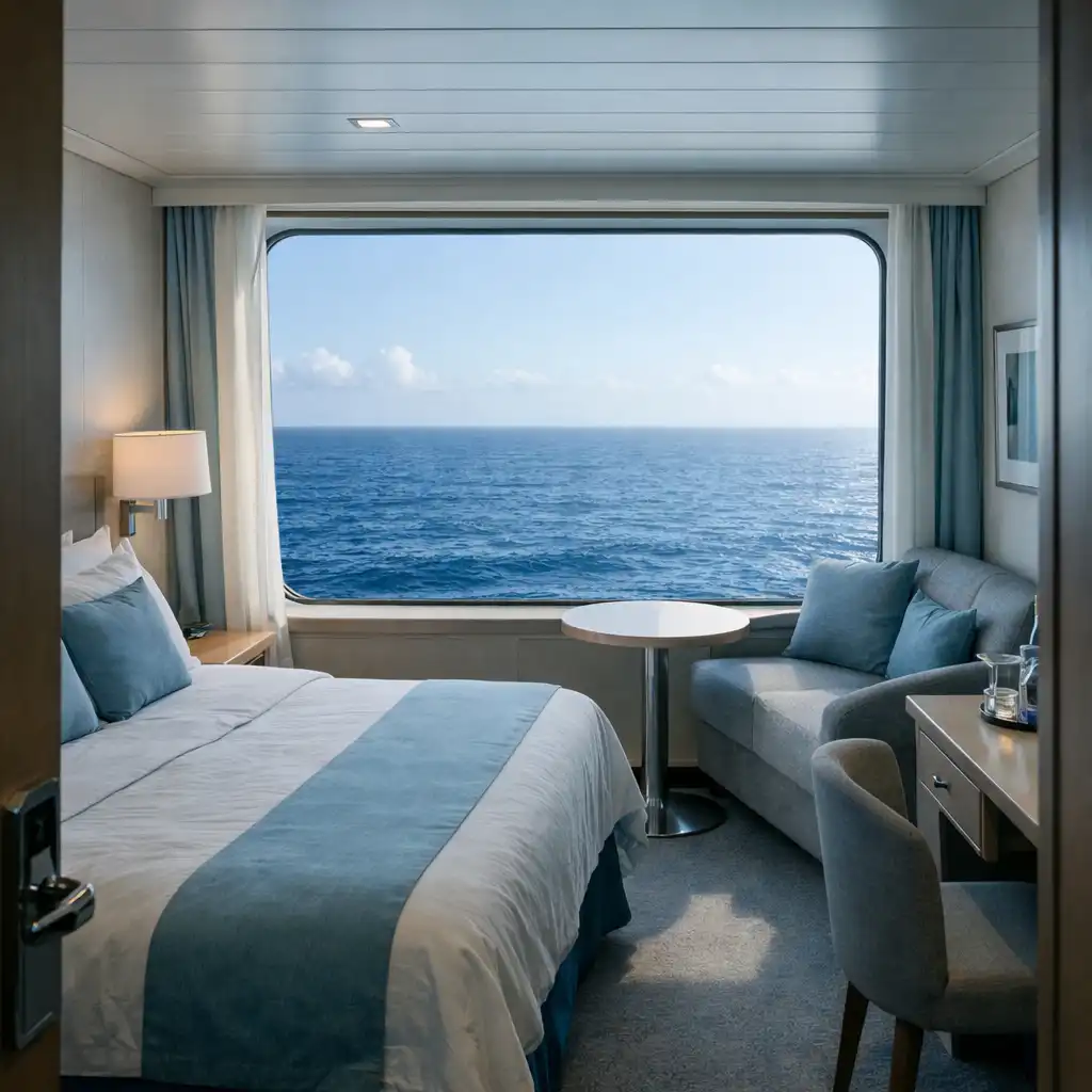 Oceanview cabin with large rectangular window showing open ocean view