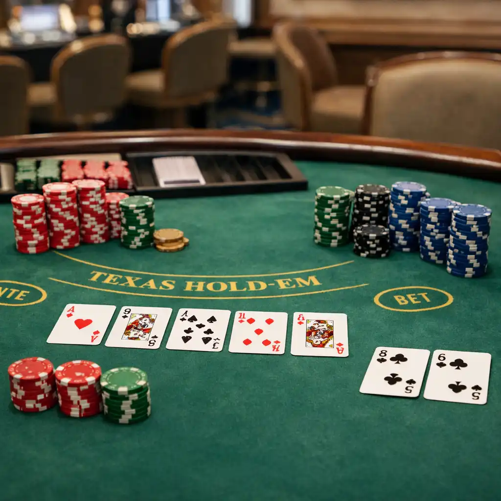 Poker table with cards and chips