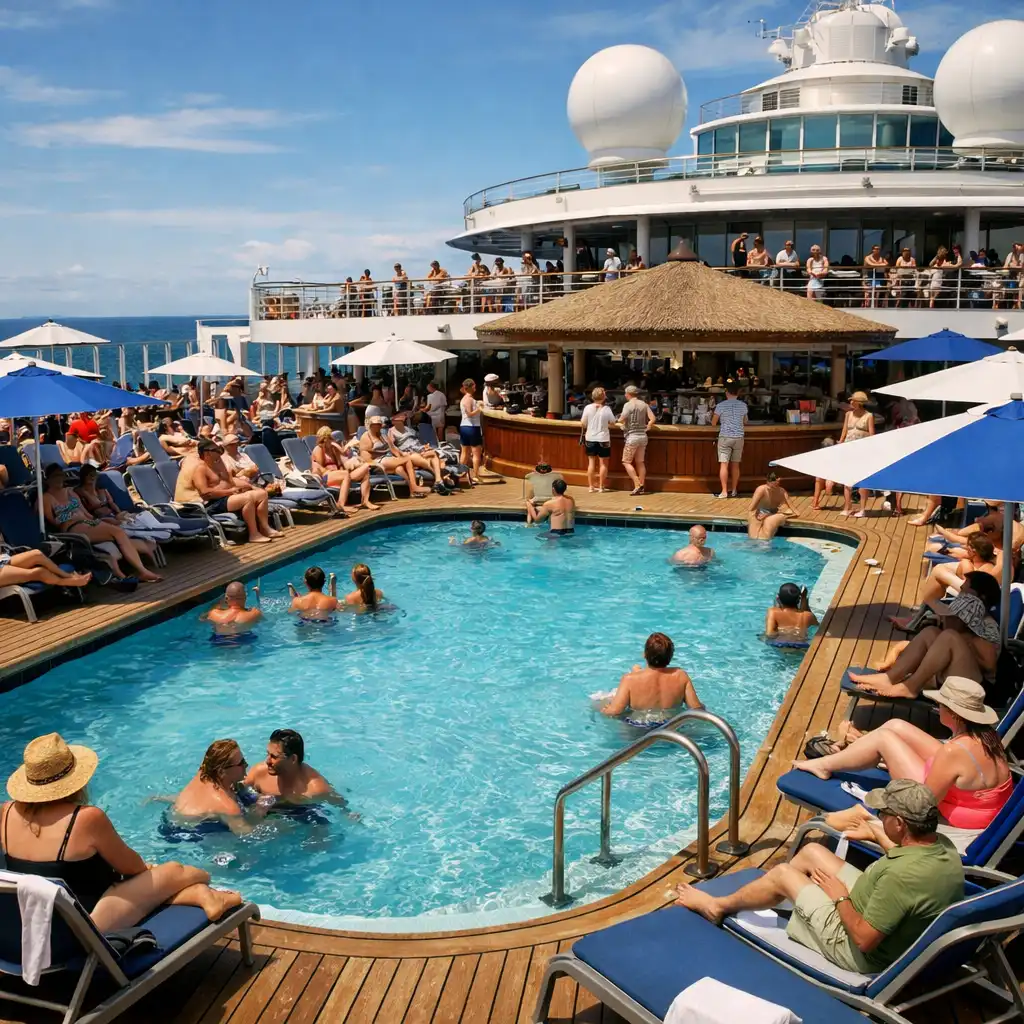 A busy pool deck on a large cruise ship with loungers, umbrellas, and a bar area