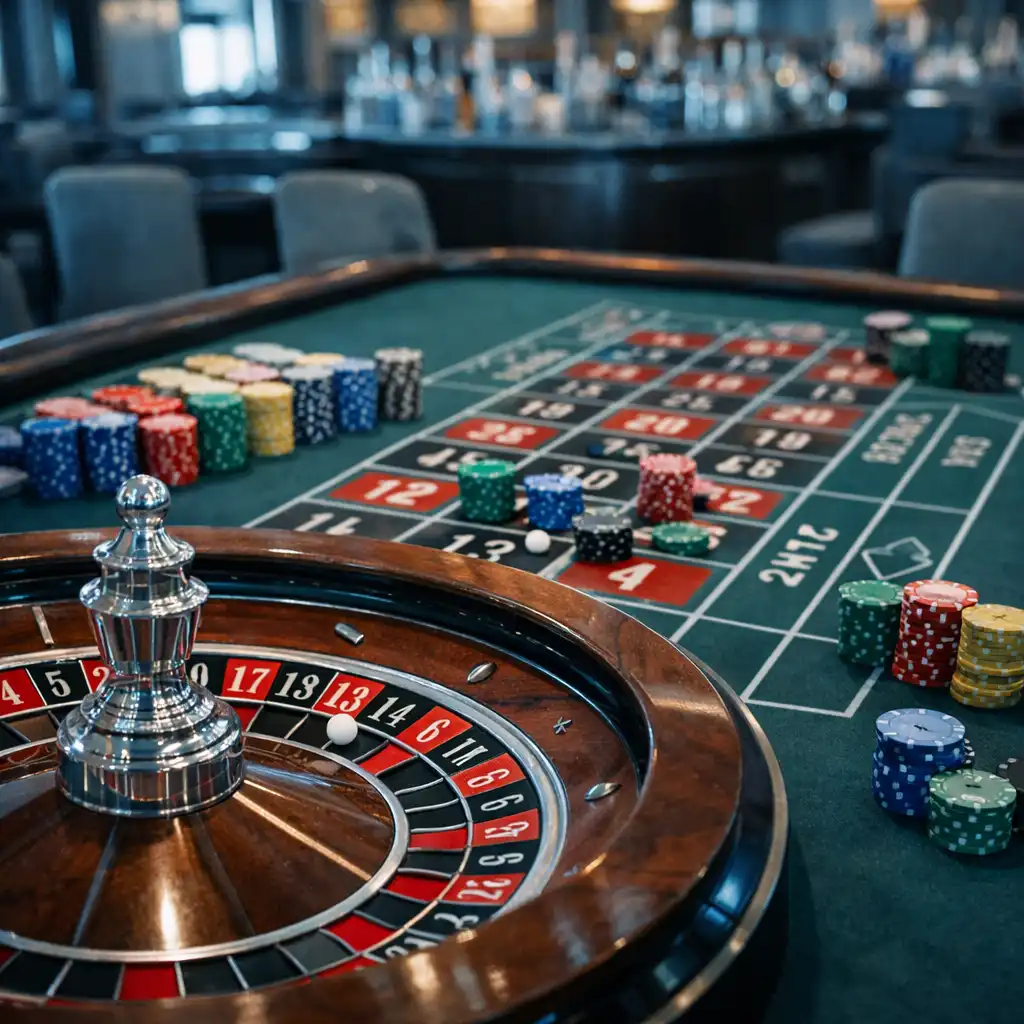 Roulette table with wheel and betting layout