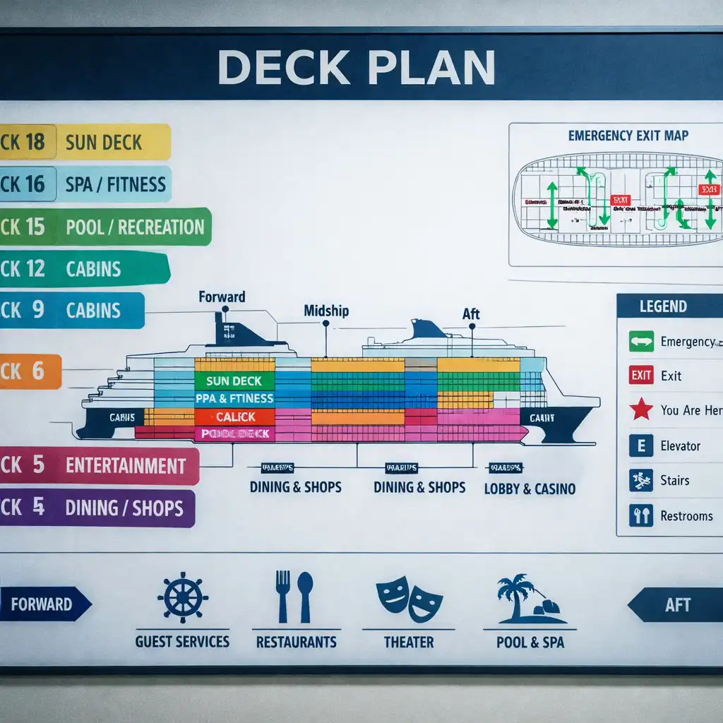Cruise ship deck plan displayed on a wall