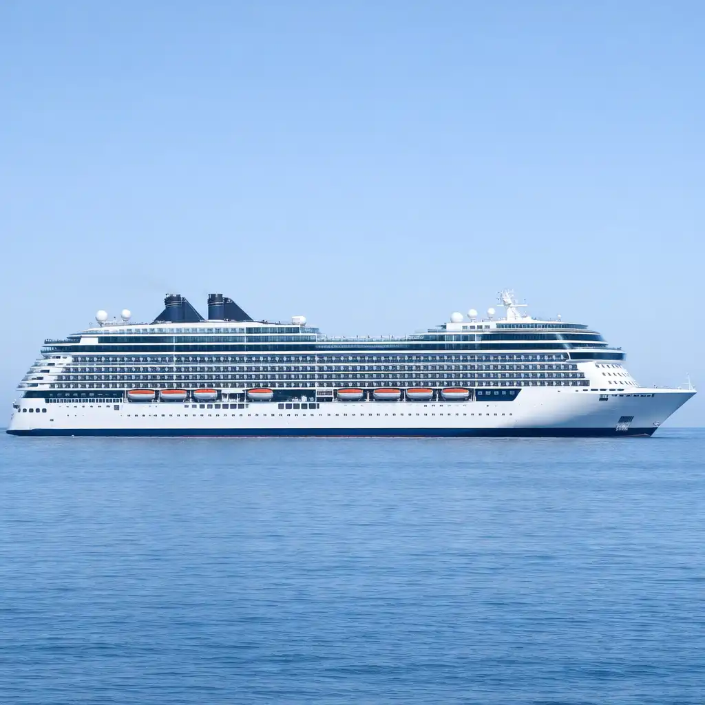 Side profile of a modern cruise ship showing deck levels and superstructure