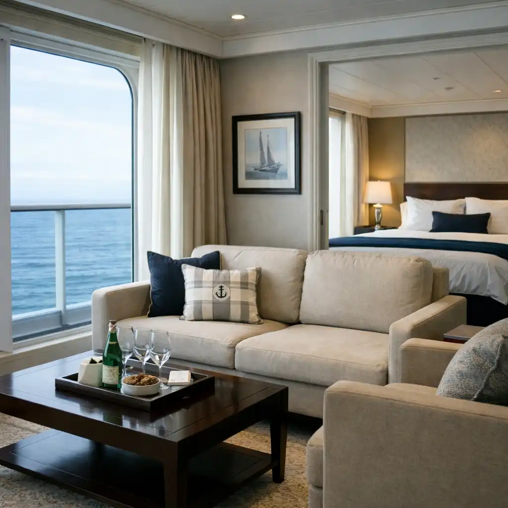 Luxurious cruise ship suite with separate living area, sofa, coffee table and large windows