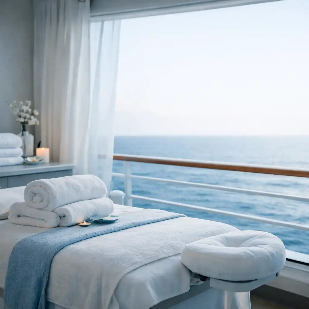 Serene cruise ship spa interior with a treatment table, soft towels, and an ocean view through a large window